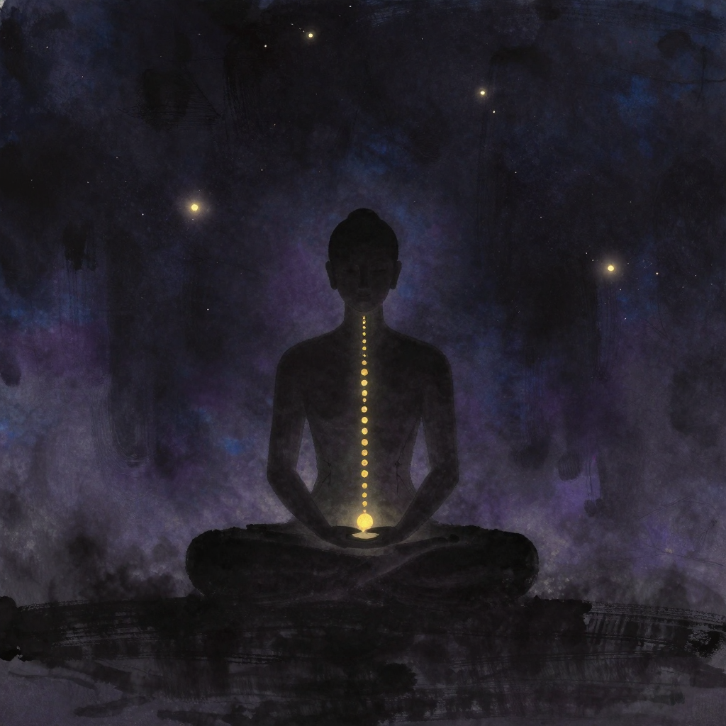 七支坐法：一个人影以标准双盘莲花坐姿端坐于空旷中，脊柱如串珠挺直，双手结定印轻置脐下，下颌微收，目光垂视前方虚空，坐姿轮廓清晰而沉