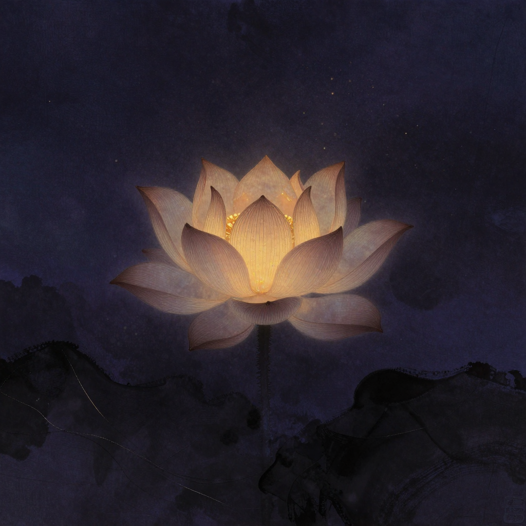 解深密经：一朵半开的莲花立于空旷中，外层花瓣仍含蓄收拢，内层已微微舒展，瓣间脉络如细密神经网络清晰可见，花心深处透出一处暖意