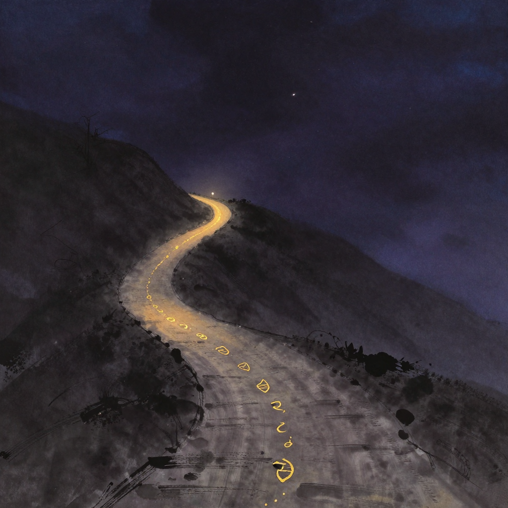 修行路径：一条由粗粝渐转为清透的修行山径在近景处以明显弧度向画面左上方延伸，路径表面留有修行者经年累月的足迹凹痕，远处转折处透出一