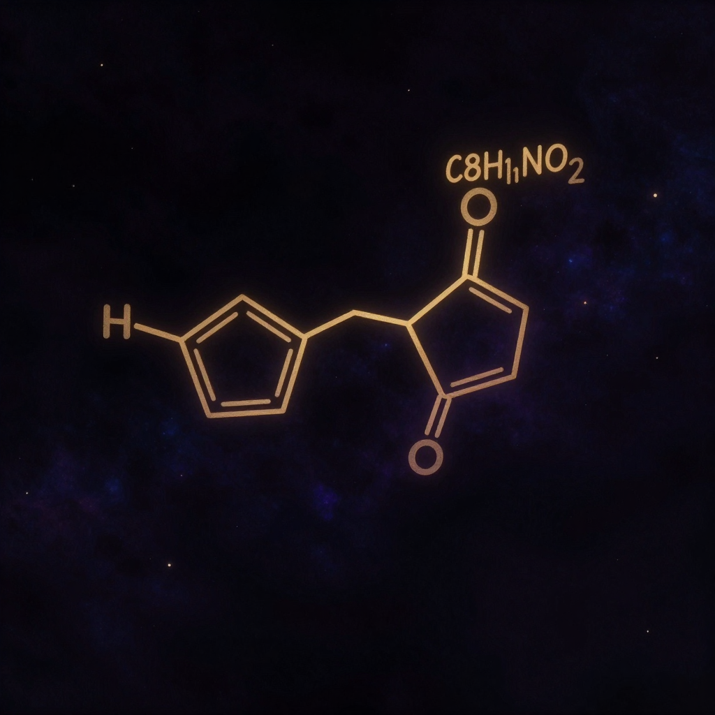 兴奋：C8H11NO2分子结构以清晰线状悬浮于近黑背景中，苯环六边形与胺基的键结精确，羟基连接点明确，整体结构轻盈上扬，一处键