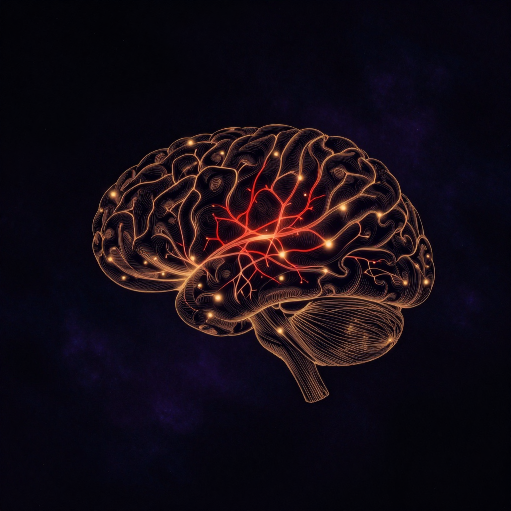 疼痛神经科学：一个具清晰沟回的大脑解剖结构悬浮于空处，皮层特定区域亮起细密交织的红色神经网络，信号如呼吸般明灭，四周归于大片暗处