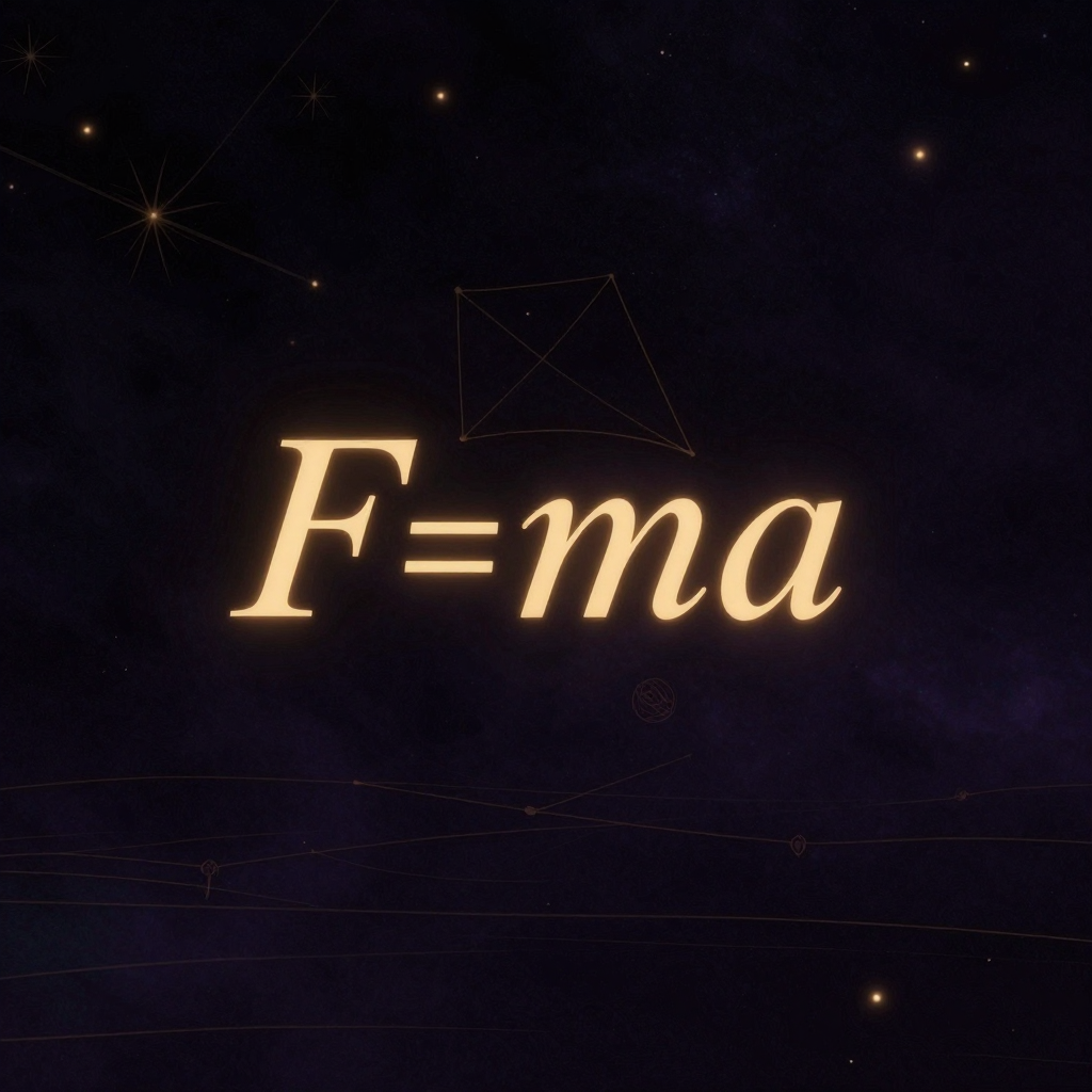科学原理：标准印刷体的 F=ma 公式悬浮于近黑背景中央，三个符号间距匀称，等号两侧留白平衡，字母线条干净利落