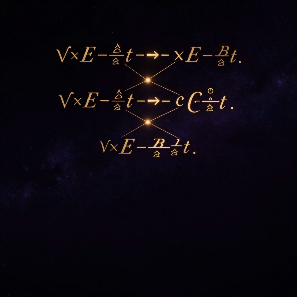 麦克斯韦：一片近黑背景中悬浮着四个完整的偏微分方程，用纤细金线勾勒，方程间有象征电场与磁场相互激发的数学符号（如∇×E=-∂B/∂