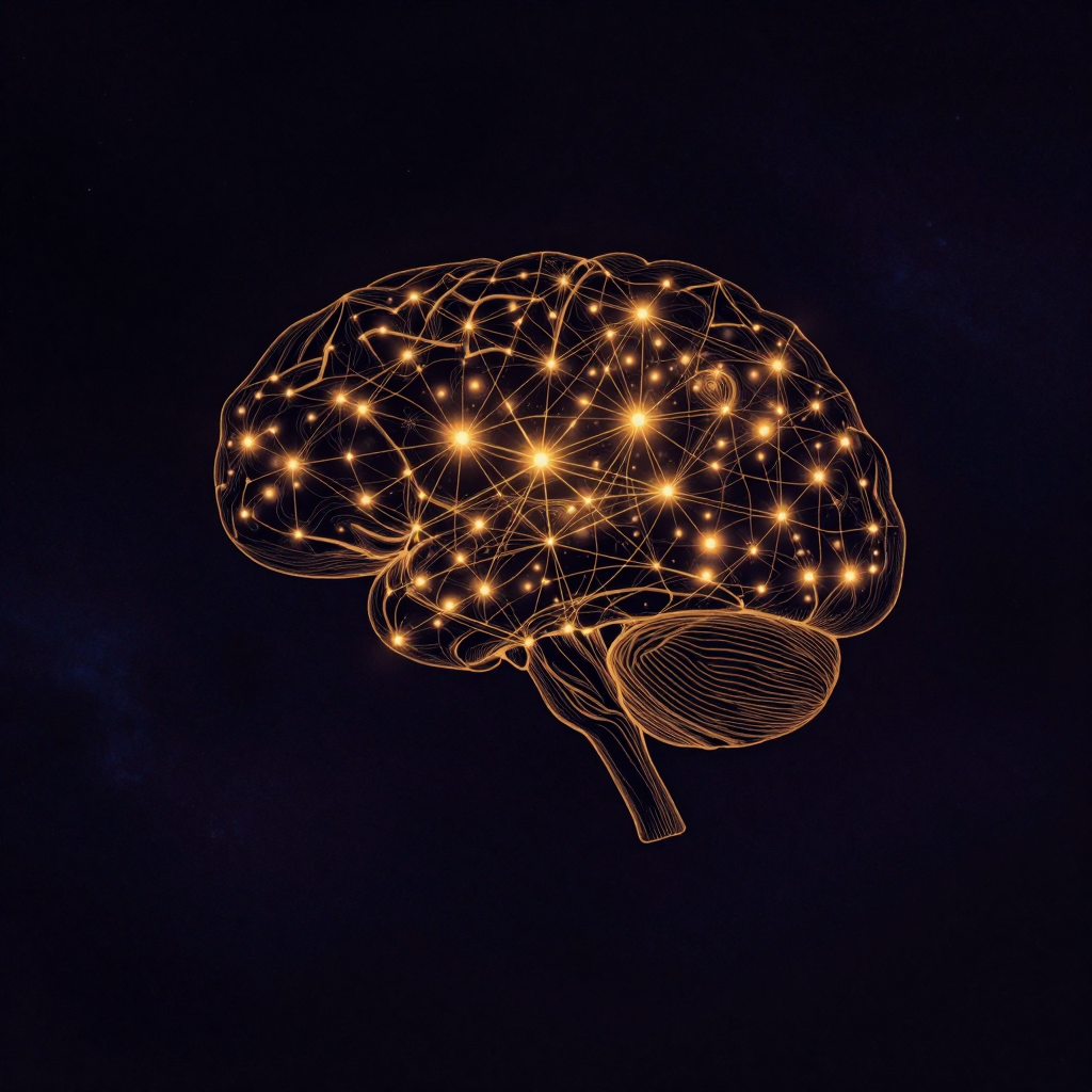 协同激活：一个简化的脑部轮廓内，前额叶皮层、边缘系统、脑干与镜像神经元区域各自透出不同的微光，由纤细光脉相互连接，构成同步激活的网