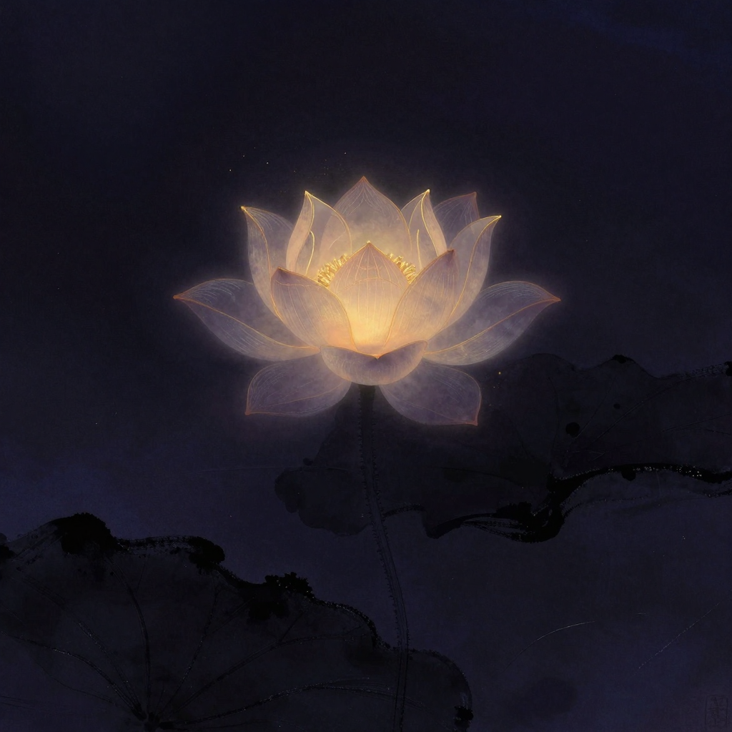 高我智慧：一朵半透明质感的莲花在无边际的虚空中自然绽放，花瓣舒展但不刻意对称，花心略倾向画面上方，是画面唯一的微光来源，四周归于绝
