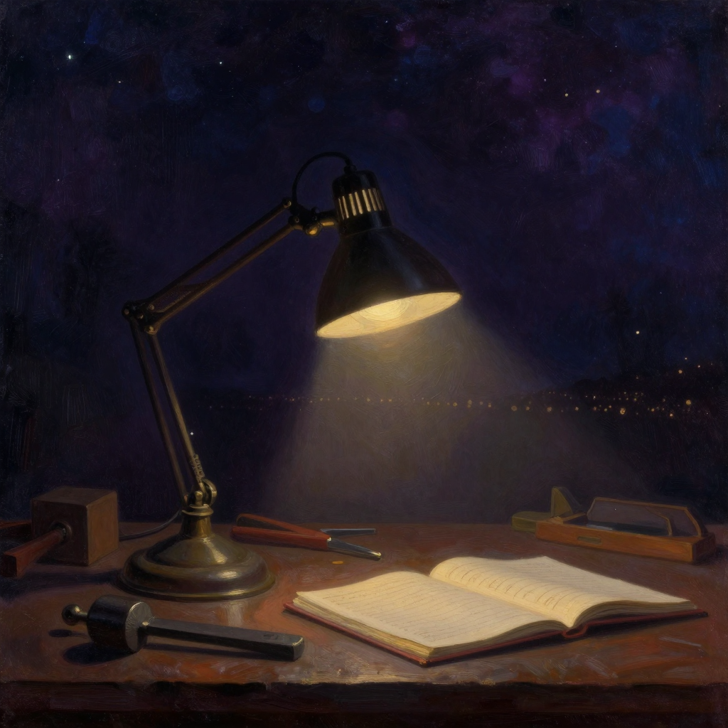 管理心理学：一盏1920年代工业风格的可调节台灯置于工厂工作台上，周围散落着生产工具与记录本，台灯调节旋钮清晰可见，灯罩下方透出一处