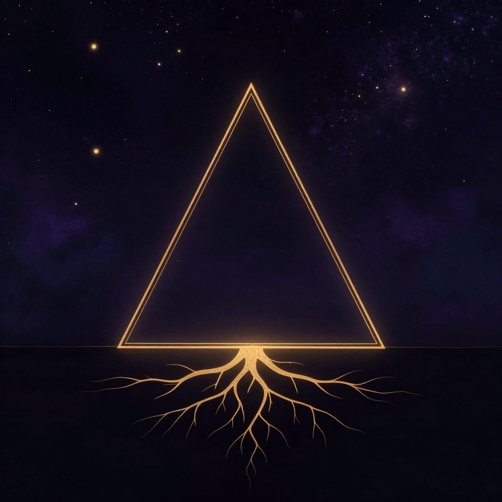 安定感：一个宽底三角形稳稳立于近处，底部延伸出极简的根系线条深入下方虚空，三角形轮廓线清晰有力，四周大片留白，底部根系隐约透出一