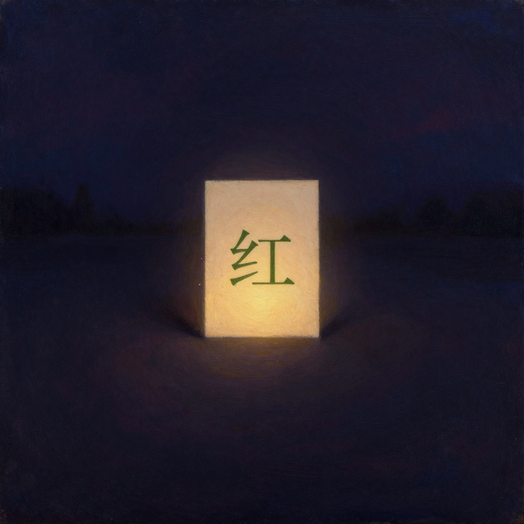 斯特鲁普效应：一张用绿色墨水印刷的『红』字卡片立于空处，卡片边缘泛起一道细微光痕，四周大面积沉静