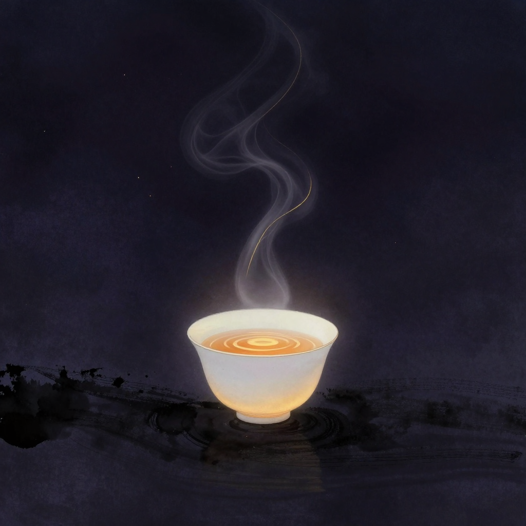 投入：一只素白瓷茶杯置于空旷处，茶汤表面泛着细微涟漪，一缕袅袅蒸汽以自然曲线升起，在留白背景中形成流动轨迹，蒸汽顶端是画面唯一