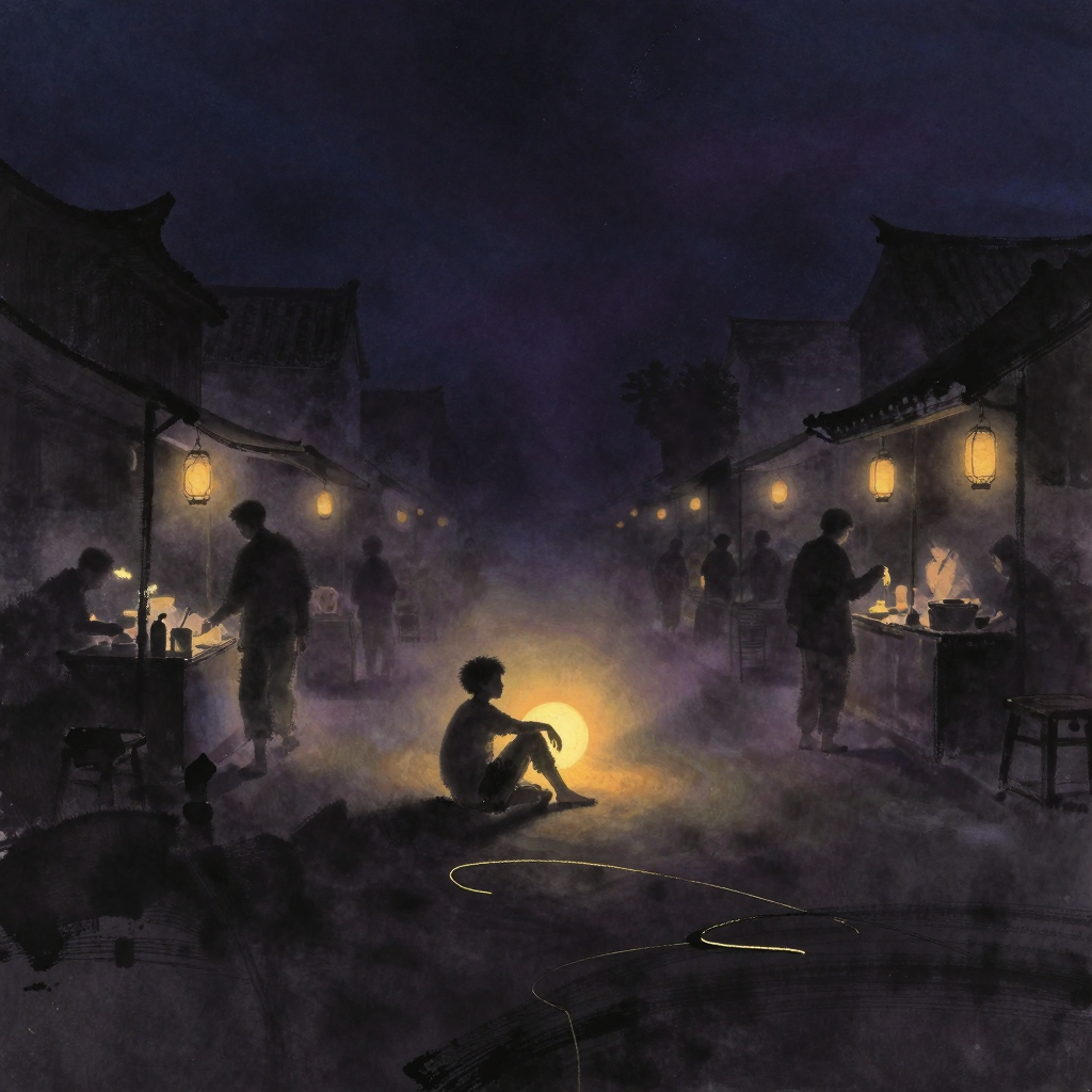 境界：牧童在市井街角与路人自然交谈，姿态放松如寻常邻里寒暄，四周市集摊位隐约可见但虚化为背景，主体间流动着无形的暖意