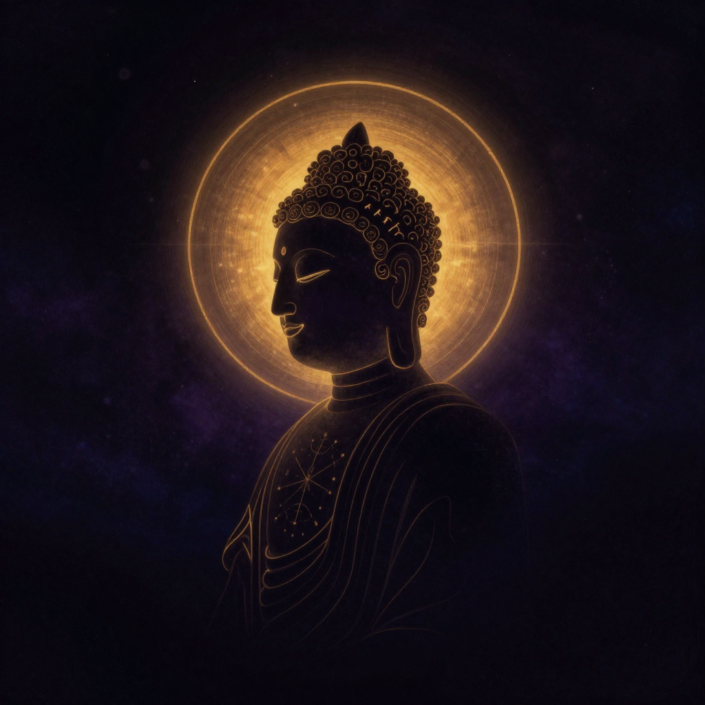 头光：一尊佛陀侧影的头部后方环绕着均匀的金色光环，轮廓清晰而柔和，光环与头部保持恰当距离，四周大片留白