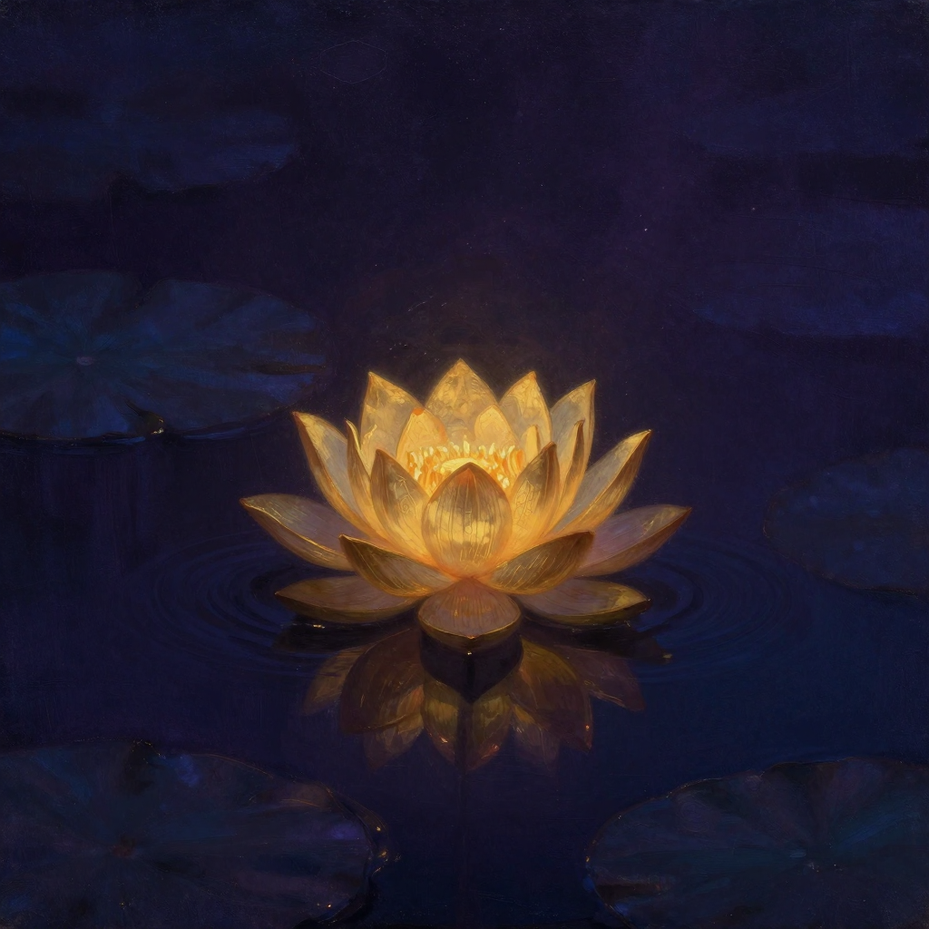 佛说阿弥陀经：一朵金色莲花盛放于清澈池水中央，花瓣舒展层叠，水面无纹如镜，四周归于大片空处，莲心泛出一处暖意