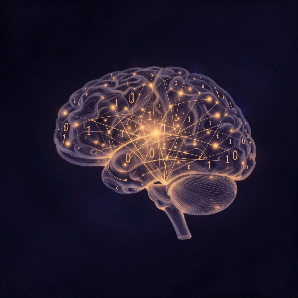数字心智：一个半透明的人脑轮廓悬浮于空处，无数0和1组成的数字流从脑内向外涌出又向内渗入，形成双向交织的立体网络，部分数字在额叶位