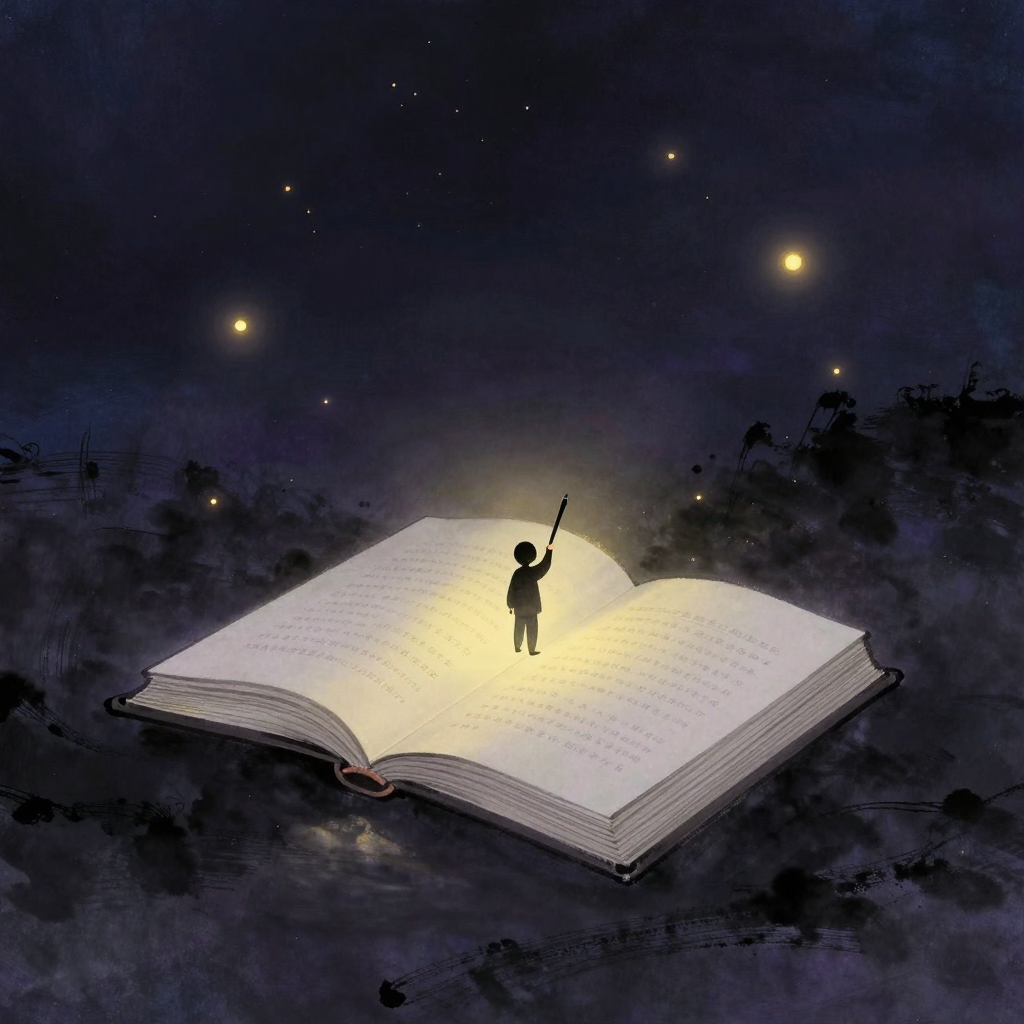 自我倡导运动：一本摊开的厚重书籍上，一个简笔小人正从书页中站起身，一手仍触着文字，另一手握起毛笔悬于空白处，四周归于大片空旷