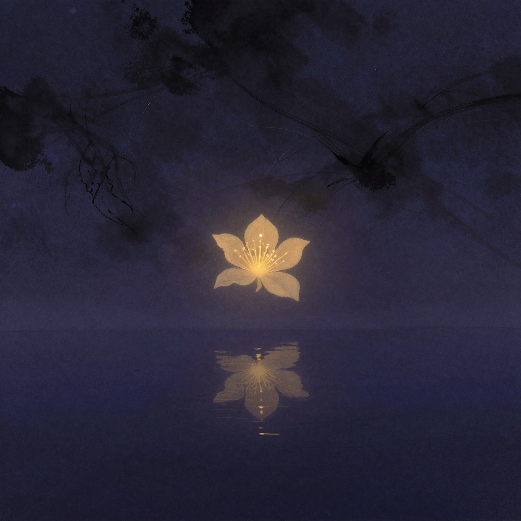 虚幻性：一片平静无波的水面上清晰映出一朵完整的花影，与空中真实的花形成对称。水中花影与实物之间除相接处外尽为大面积空处