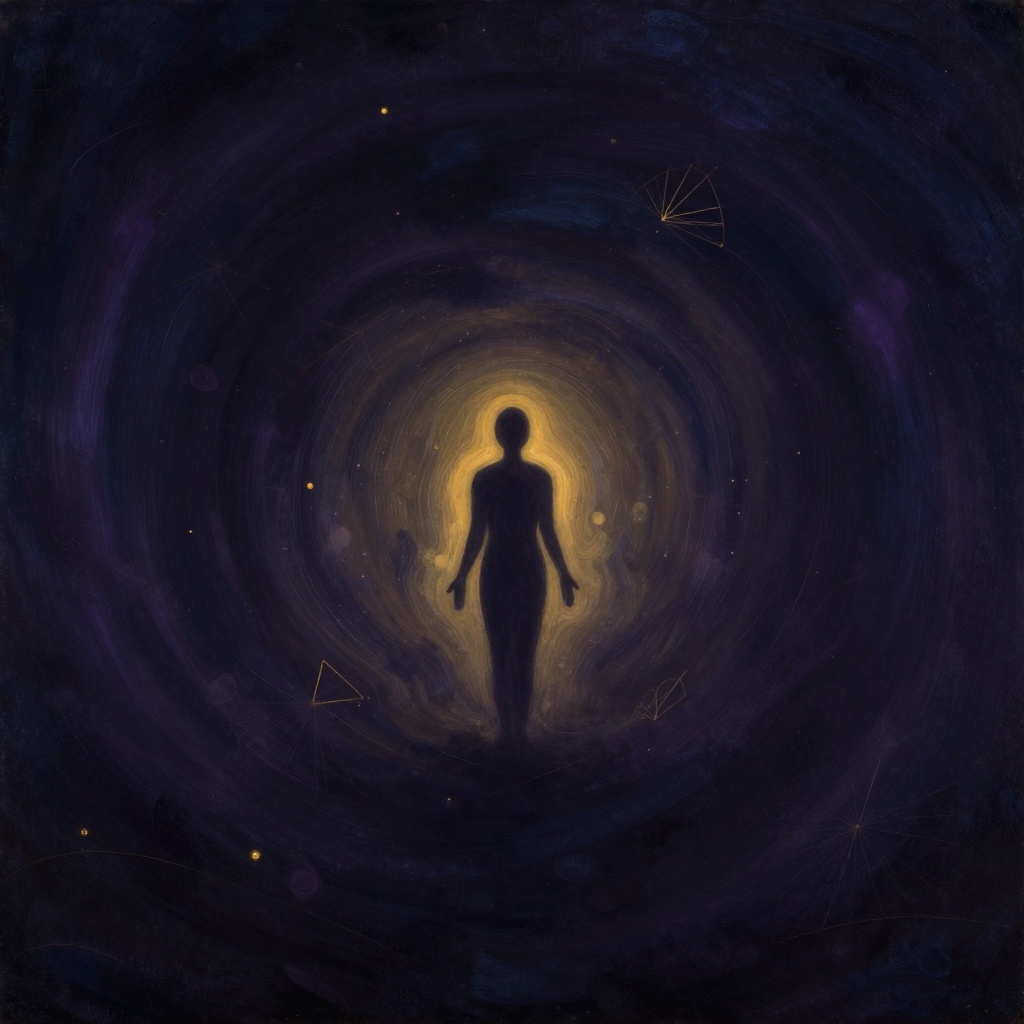 随处作主：一个稳定站立的人影立于画面中央，四周环绕着象征外境的动荡碎片与漩涡气流，但这些元素与人影之间保持着清晰空隙。人影以禅修站