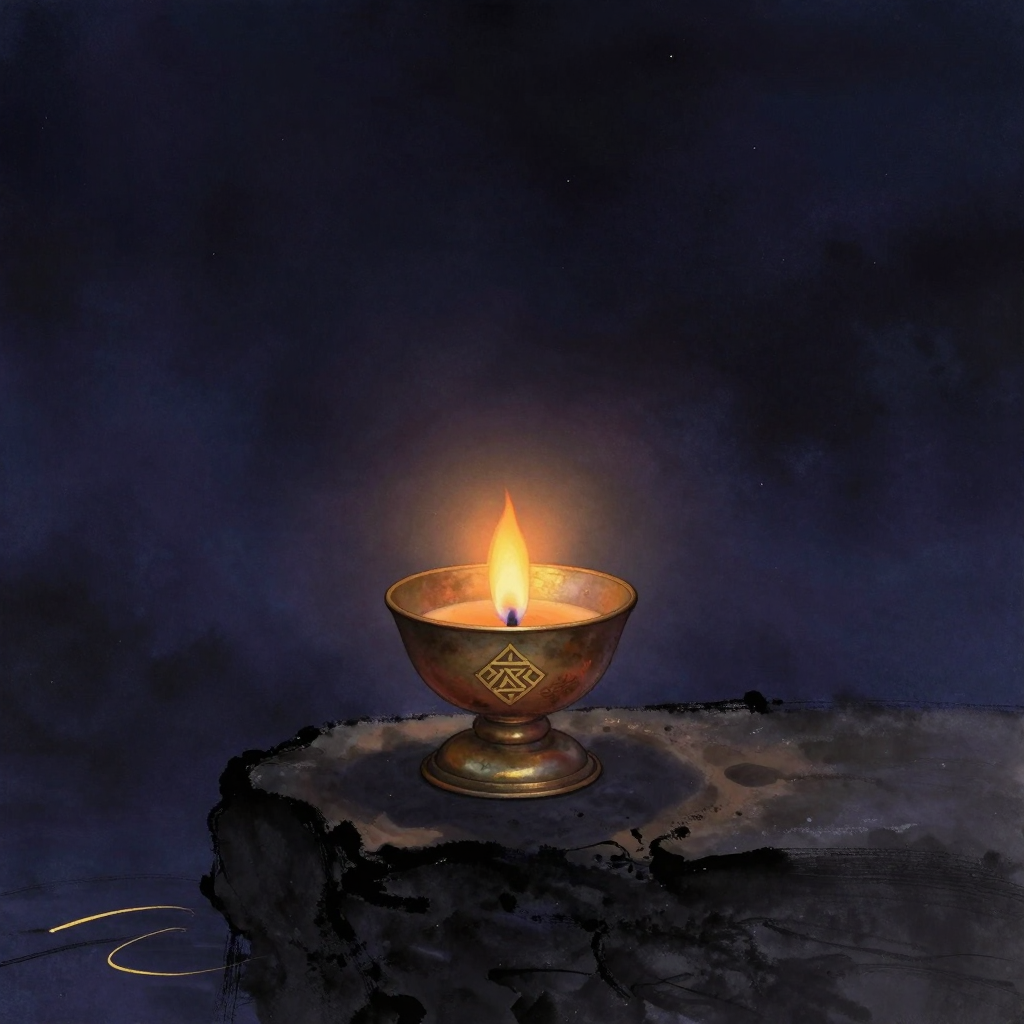 景德传灯录：一盏古代禅寺常见的青铜油灯立于石台，灯芯燃着灵动的火焰，火焰是画面唯一的微光来源，四周大片空处，无一杂物