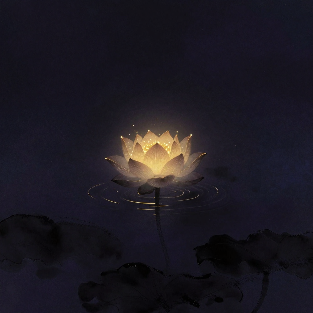 念力：一朵半开莲花悬浮于空处，花瓣尖端聚集着细微光点，底部漾出若有若无的波纹，莲茎隐入下方黑暗，四周留白极多