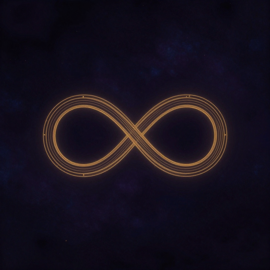 数学：一个标准的横向∞符号悬浮于大片空处，上下两环完美对称且平滑连接，线条清晰优美，符号本身是画面唯一的微光来源