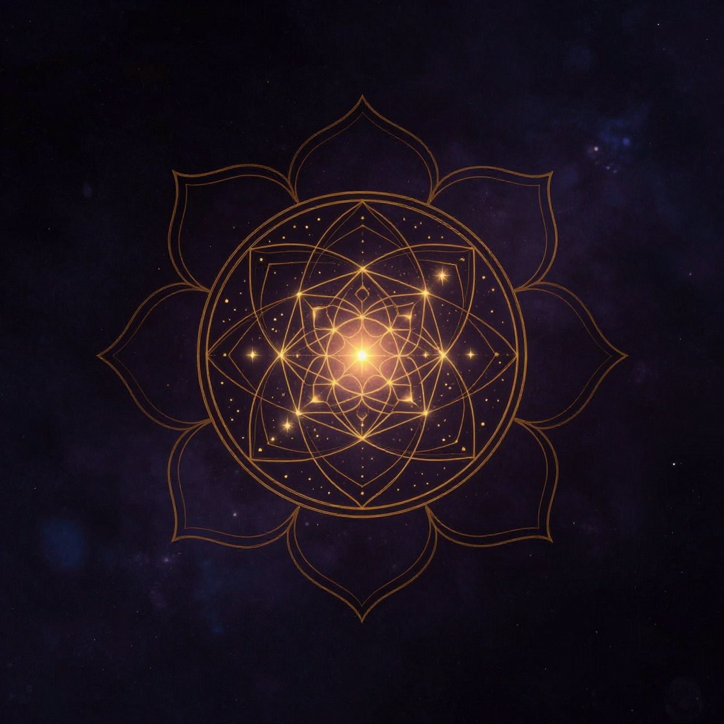 宇宙伦理：几何嵌套的曼陀罗结构：中心是抽象人形轮廓与星群图案交融，中层为宇宙星辰的精密几何排列，外层环绕半开的莲瓣轮廓。所有线条以
