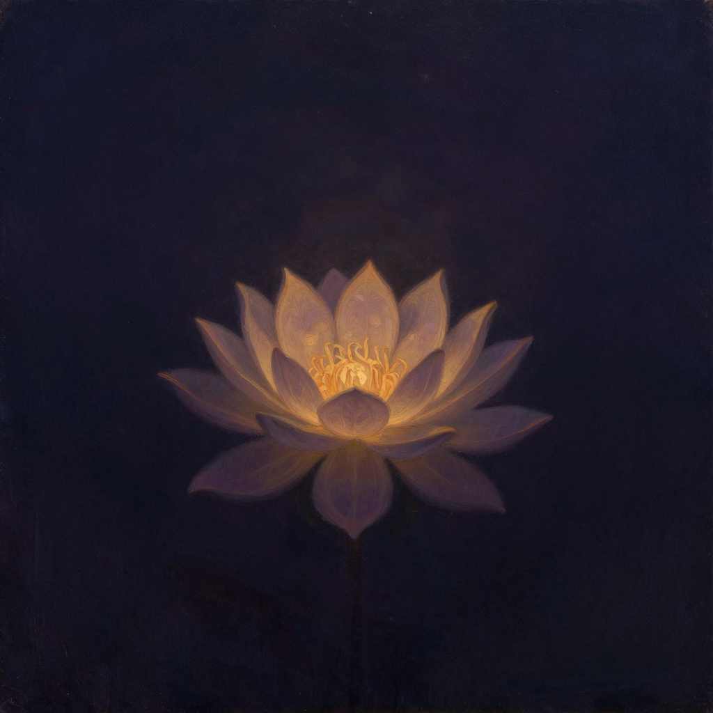 积极情绪拓展理论：一朵盛放的花居于画面中央，花瓣呈明显的放射状舒展形态，层层向外延展，花心处透出一处暖意，四周归于大片空处