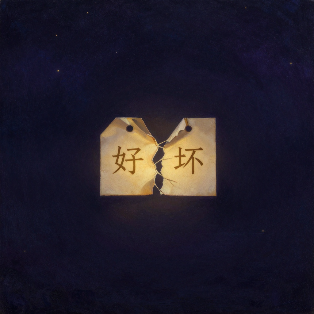 心智评判：一张泛黄的标签纸正在从中间被缓缓撕成两半，左侧残留着「好」字痕迹，右侧残留着「坏」字痕迹，纸纤维拉伸出动态的裂痕，孤立于