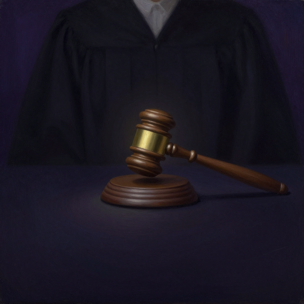 批判模式：一柄造型经典的法官木槌悬于画面中央，下方隐约可见黑色法袍领口的轮廓，木槌手柄纹理清晰，锤头投下一道细线般的阴影，四周大片
