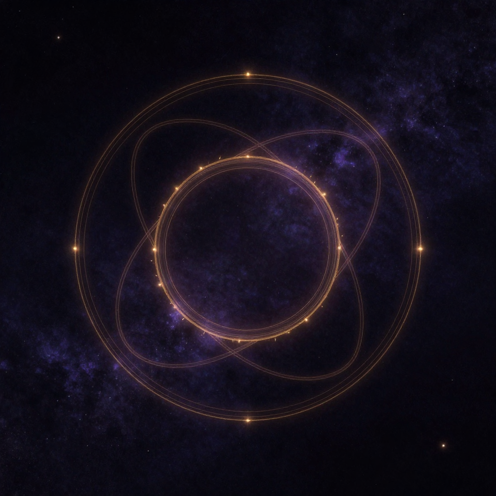心意身：三个半透明的圆环以不同角度动态交织于空处，环身薄而清晰，交界处有细微光点流动示意能量交换，整体构成不可分割的立体网络