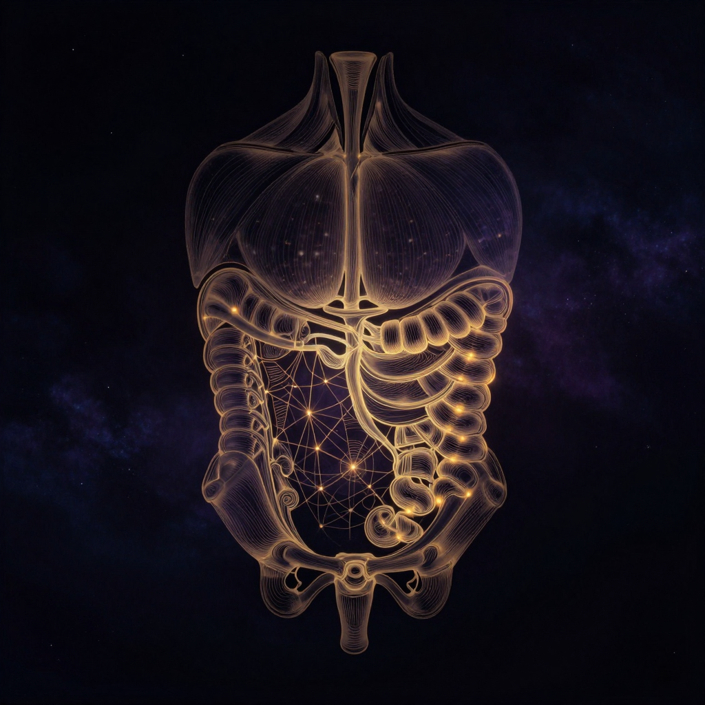 腹内压：由半透明膜状结构构成的立体腹腔模型悬浮于空处，顶部穹顶状的膈肌、四周交错编织的腹横肌束与底部盆底肌群通过力学线条动态连接
