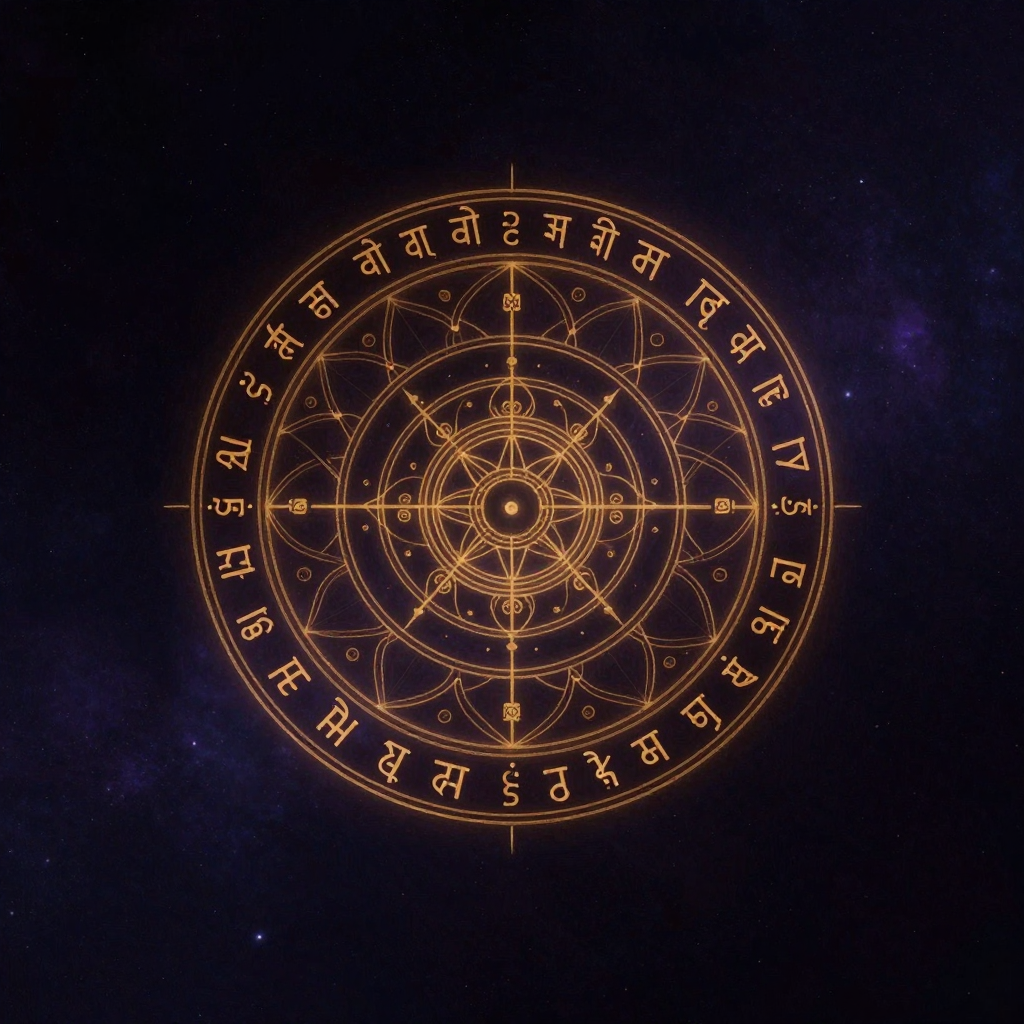 哈瑞奎师那曼陀罗：由精确排列的梵文咒文（हरे कृष्ण...）组成的完整圆形咒轮悬浮于空处，字母间距匀称，整体构成莲花般的辐射结构，咒