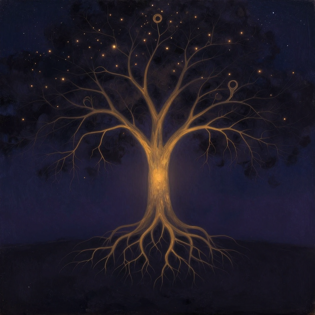 生态觉察：一棵古树的根系延展为精细的神经网络结构，根须与菌丝相互交织成网，在大片空处向上生长，树干处隐约透出一处暖意