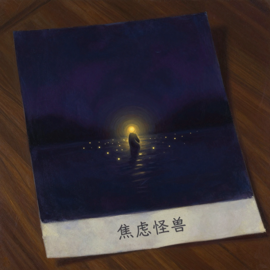 外化技术：一张画着扭曲人形的涂鸦纸平铺于木桌，纸上清晰标注着'焦虑怪兽'字样，纸张四角微翘，余处沉入大片空处，纸面是画面唯一的微光