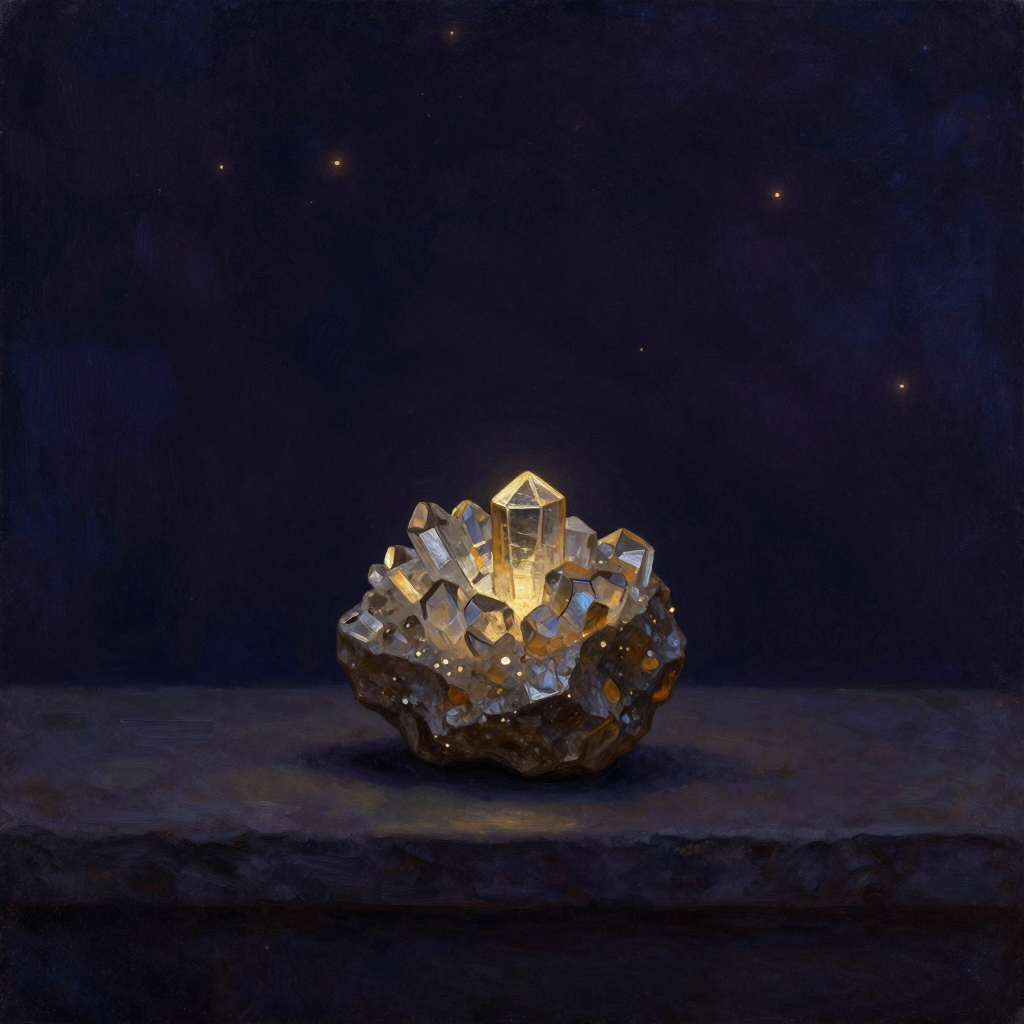 心灵炼金：一块布满天然晶体结构的粗粝矿石置于石台中央，表面凹凸处隐约泛出金属光泽，四周空旷无物，矿石内部某处晶体折射出一缕细微光亮