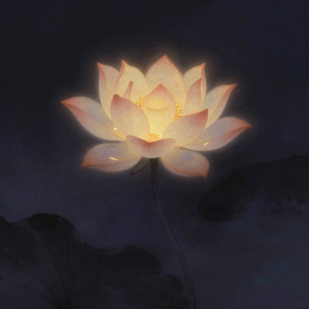 松坦：一朵自然开放的莲花舒展于空处，花瓣柔韧舒展，茎干优雅微弯不僵直，置于近乎全黑的背景中，莲心微微泛着一处暖意