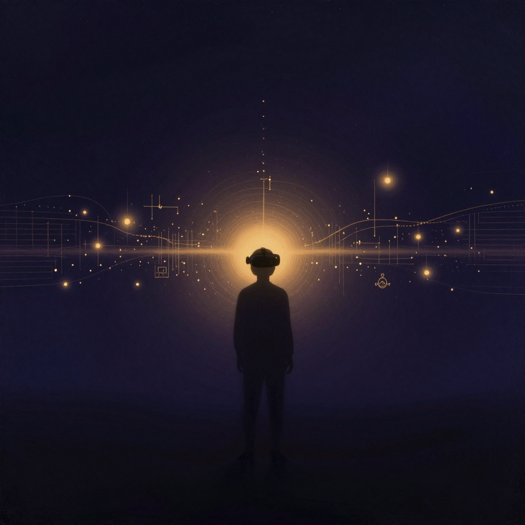 虚拟现实疗法：一个佩戴VR头显的人物背影立于空旷中，头显表面泛着微光，前方投射出由像素化光点构成的抽象风景，虚拟与现实的边界处有细密的