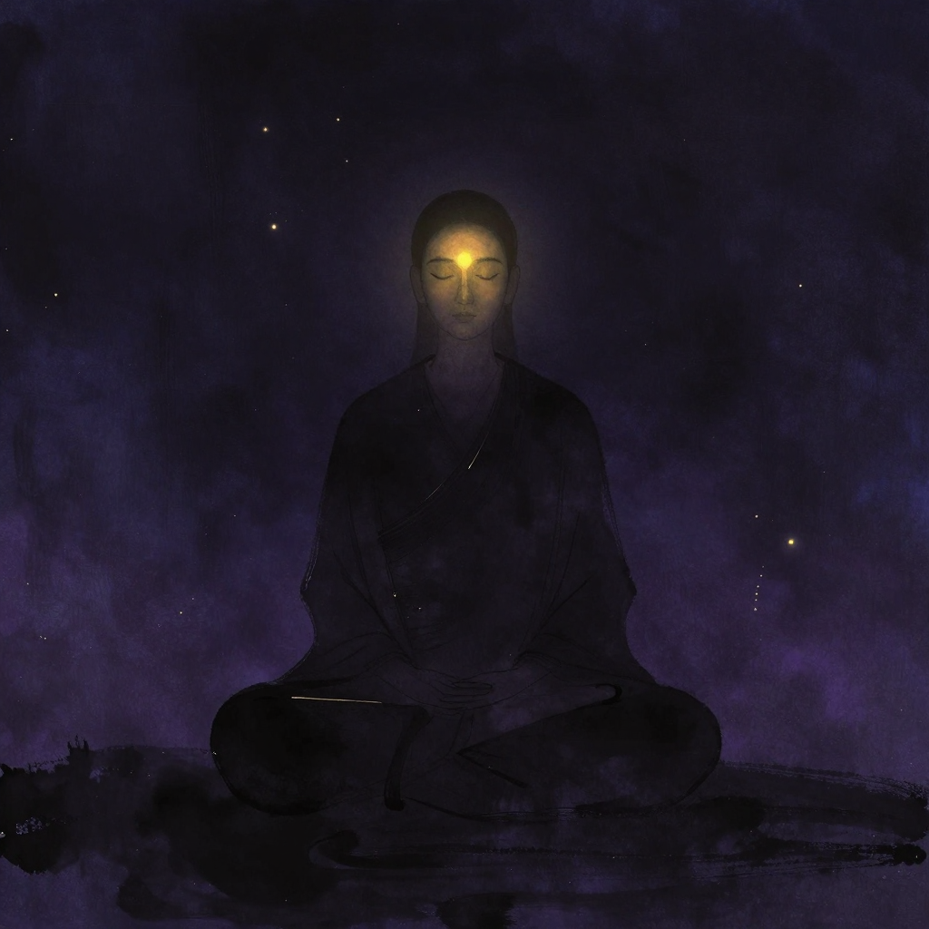 感官休息：一个背影端正盘坐于大片空处，眼帘完全闭合，双手轻搭膝头，脊柱自然挺直而不僵硬，周身轮廓融入暗底，唯眉心处透出一处暖意