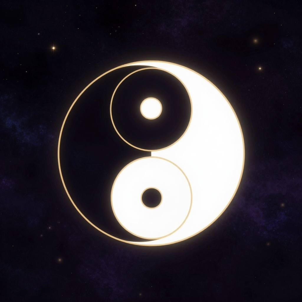 动静平衡：一幅标准的太极阴阳鱼图案置于大片空处，黑鱼与白鱼互抱成圆，黑鱼中有小白圆点，白鱼中有小黑圆点，两鱼交界呈柔和的S形曲线