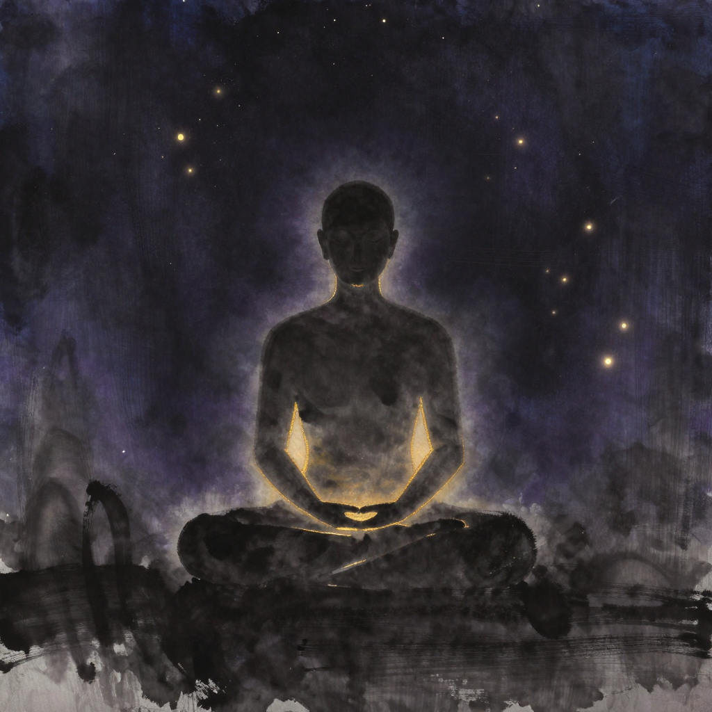 感官复位：一个闭目盘坐的人形轮廓居于画面中央，双手轻搭膝上，身周没有任何器物或干扰源，完全沉入自身之中，轮廓边缘透出极细微的一线暖