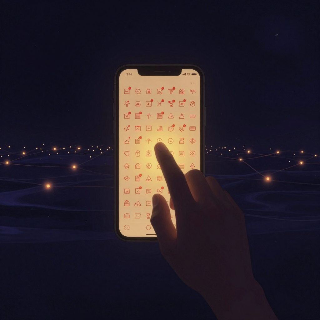 数字焦虑：一部智能手机竖立于画面中央，屏幕被密密麻麻的红色未读通知图标覆盖，一只手指悬停在屏幕上方迟疑未触，背景隐约有流动的数据波