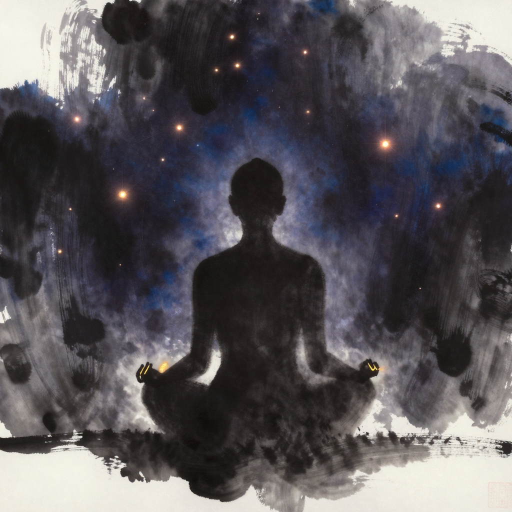 姿势固化：一个保持坐姿的模糊人体剪影，背部与肩颈线条异常笔直僵硬，双拳无意识地紧握，轮廓孤立于大片留白中，唯有指关节处透出一缕细微