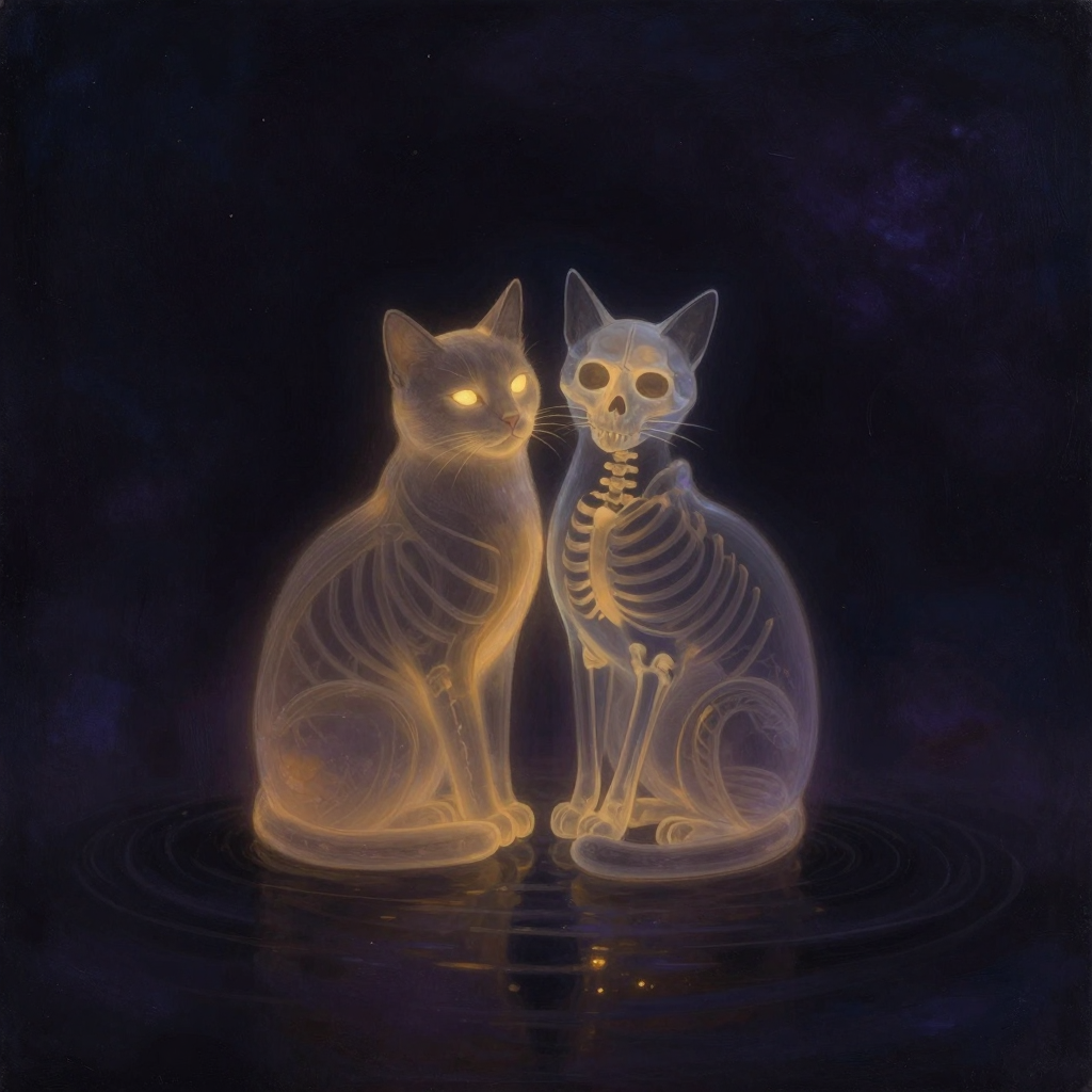 叠加态：一只半透明的活猫与半透明的骷髅猫以完全相同的姿态重叠在一起，构成一个既生又死的复合体，置于空旷背景中，猫眼位置透出一处微