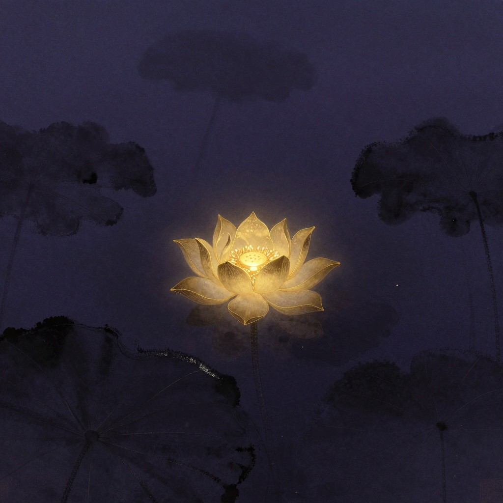 无量寿经：一朵绽放的金色莲花浮于空处，花心莲子清晰可见，莲瓣舒展如台，是画面唯一的微光来源，四周归于大片留白