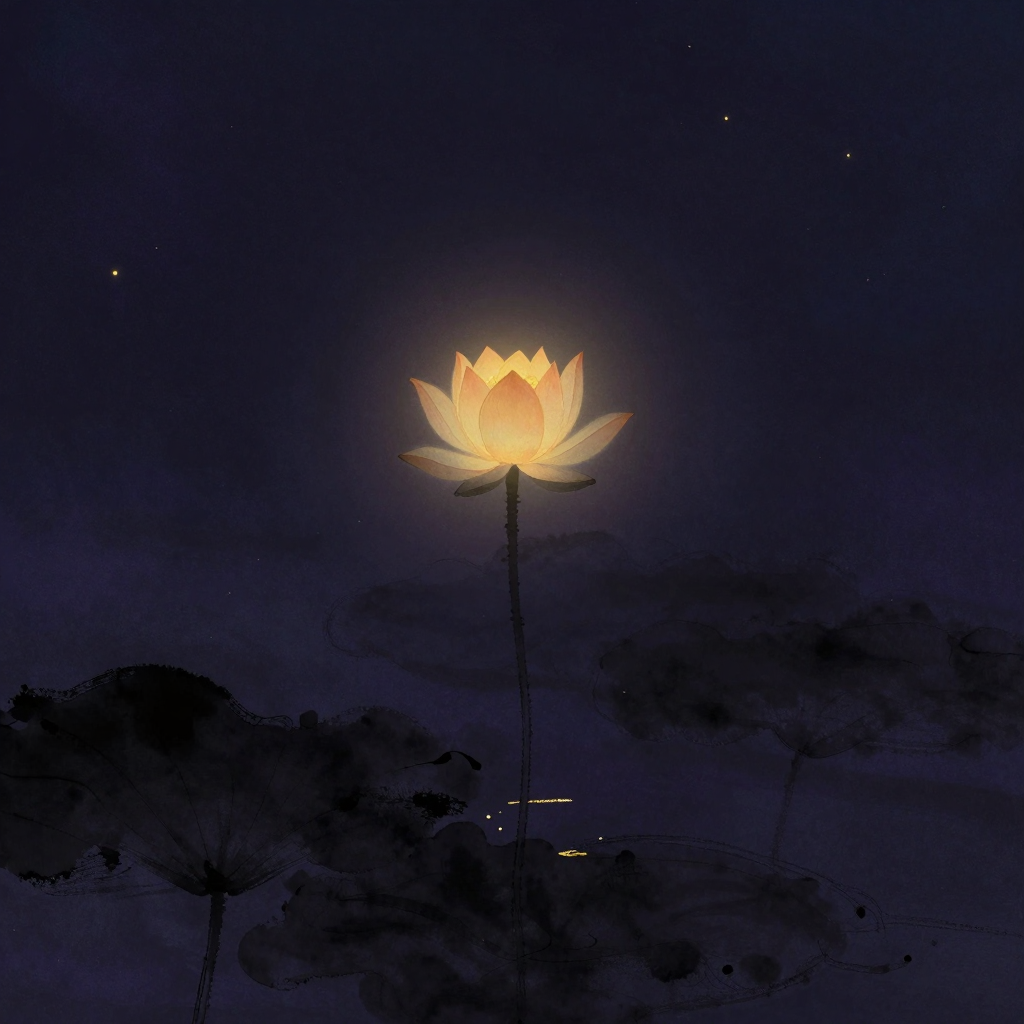 疗愈潜能：一朵半开的莲花从昏暗浑浊的水域中自然升起，茎干挺直穿越泥层，花苞尖端微微透出一处暖意，四周水域渐隐于空处