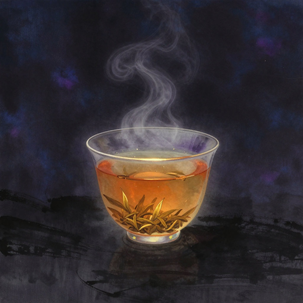 理事不二：一杯清茶置于空处，茶叶正在水中缓缓舒展下沉，水面微纹荡开，水汽氤氲上升，茶汤中心泛着一处极细微的光晕