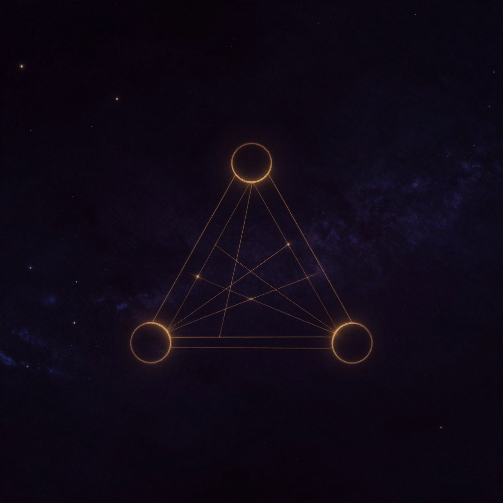 三个中心平衡：一个稳定的等边三角形置于空处，三个顶点各有一个完整的圆：顶部圆象征头脑，右下圆象征心灵，左下圆象征腹部，三圆之间由极细的