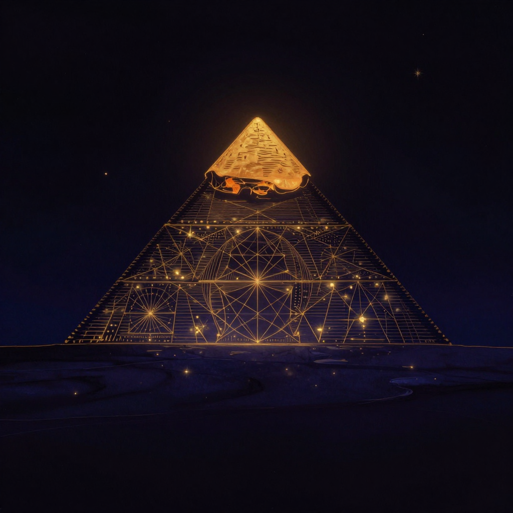 权威类型：一座金字塔由下至上清晰划分为四层，每层色彩分明但过渡自然，整体孤立于大片留白中，顶层边缘透出一线暖意