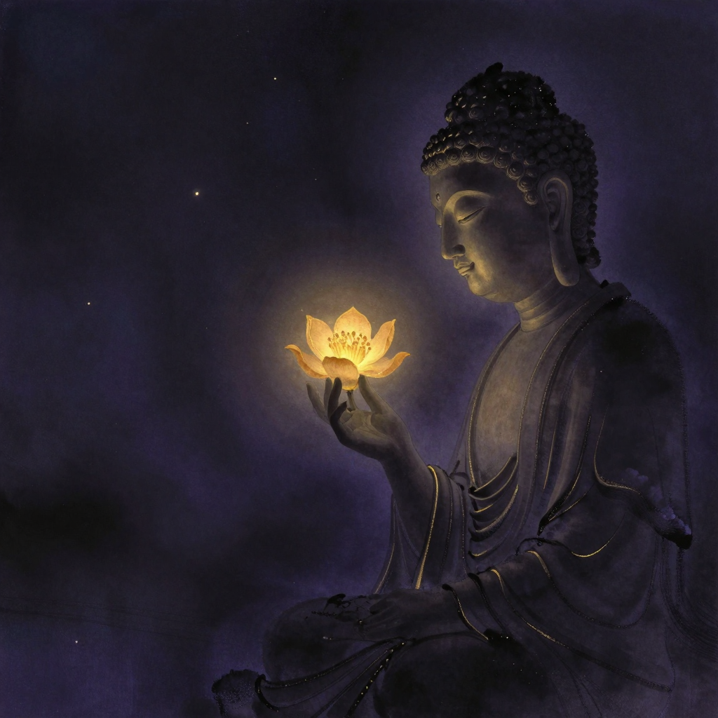 加入技术：佛陀宁静的侧影微微前倾，以拇指与食指拈起一朵金婆罗花，花瓣舒展，四围空寂，花心透出一处细微暖意