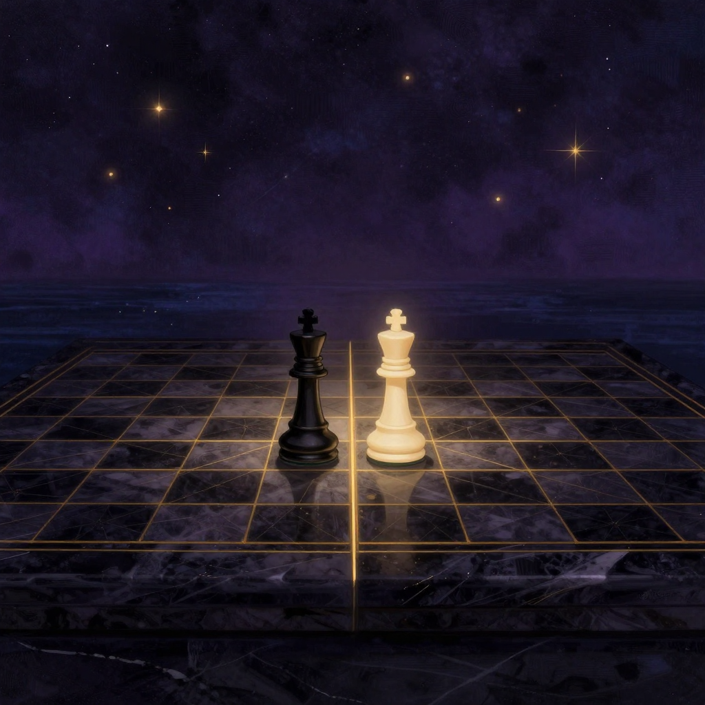 非此即彼：一枚黑棋与一枚白棋被一道锐利直线分隔在大理石棋盘两端，棋子距中线等距僵持，棋盘外沿向黑暗无限延伸，分隔线是画面唯一的微光