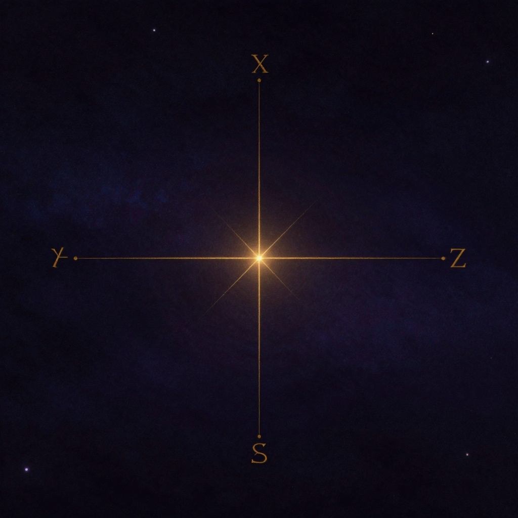 参照系：一个立体坐标系悬于空旷中，x/y/z三轴相互垂直延伸，轴线清晰标注符号，原点处有一点微光亮起，四周留白极多