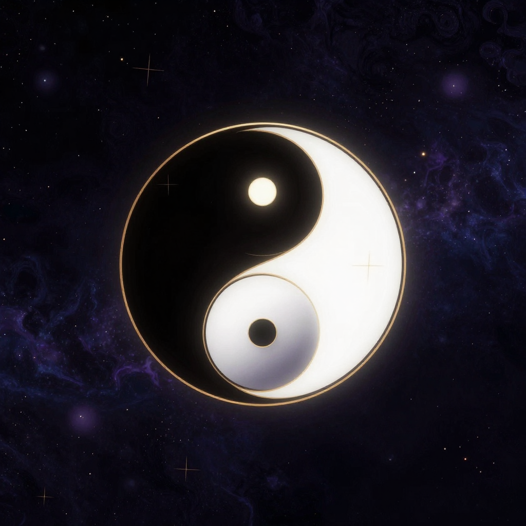易理：一幅太极阴阳鱼图案居于画面中央，一黑一白两条鱼形相互环抱，黑鱼中有白点、白鱼中有黑点，鱼眼处各有一处微光，图案轮廓清晰，